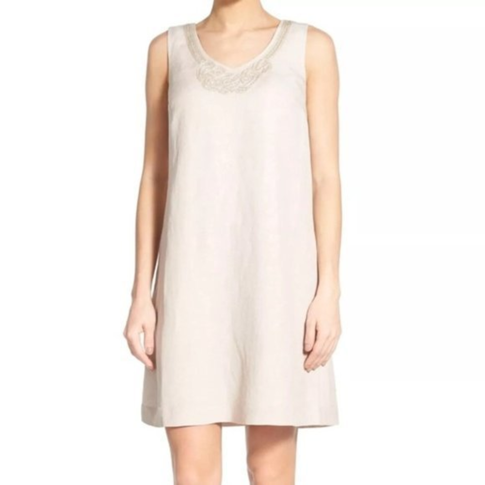Nic‎ + Zoe Linen Blend Beaded Embroidered Sleeveless Shift Dress Tunic Beige XS
